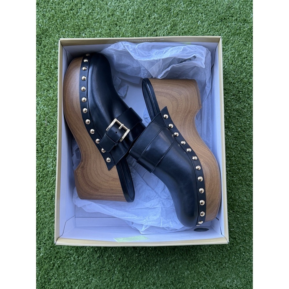 NIB Michael Kors Rye Platform Clogs Black Leather Gold Studded Mule 9M - Picture 1 of 9